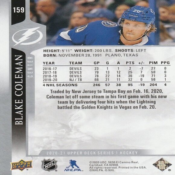 Blake Coleman (Lightning) 2020/2021 Upper Deck Series 1 Hockey Card - Number 159 - Picture 2 of 2